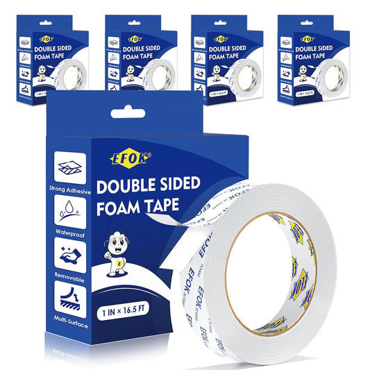 5 Pack Double Sided Tape Heavy Duty White PE Foam Tape, 1 in X 16.5 Ft Mounting Tape Removable Strips Strong Weatherproof Adhesive Tape for Hanging Picture Poster, Carpets, Paint Wall No Damage