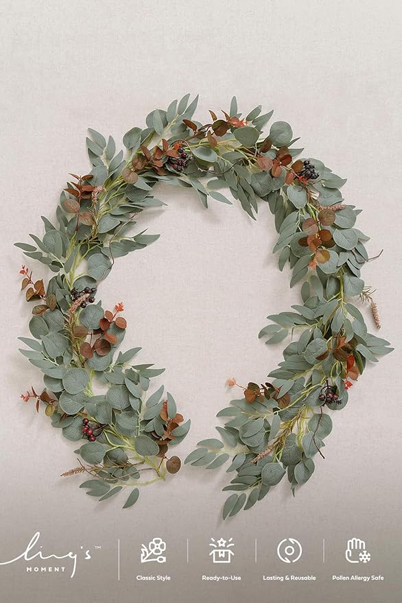 Ling's Moment Eucalyptus Flower Greenery Garland with Willow Leaves 2pcs, 5.9ft Hanging Italian Ruscus Vines Rustic Wreath Swags for Table Centerpieces Wedding Arch Decor, Terracotta Flowers