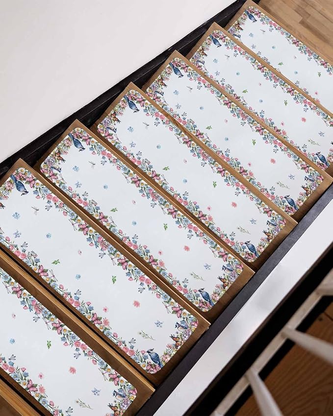 Spring Floral Stair Treads Non Slip for Wooden Steps Blue Pink Wildflowers Leaves Birds Butterflies Stair Runner Carpet Reusable Adhesive Staircase Rugs for Dogs, Elders and Pets, 8x30 Inch, 4PCS