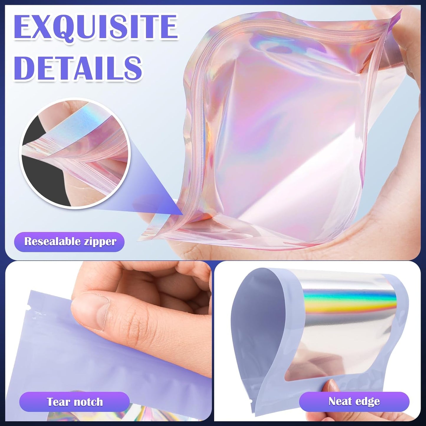 100 Pcs Mylar Bags, Smell Proof Bags Foil Pouch, Holographic Resealable Bags for Small Business, Candy Sample Jewelry Bag Sealable Packaging for Party Favor Food Storage (4x6in-Purple)