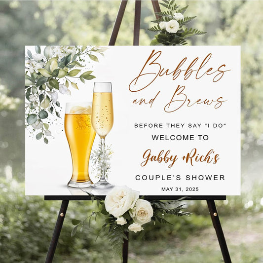Personalized Greenery Eucalyptus Bubbles and Brews Couples Shower Welcome Sign, Gold Modern Minimalist Wedding Shower Bridal Party Decoration, Outdoor Plastic Sign Weatherproof #6