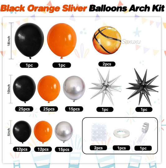 Basketball Balloon Arch Kit, Black Orange Balloons Garland Arch Kit, Silver Star Foli Balloons Basketball Foil Balloon For Ball Games Theme Birthday Baby Shower Party Anniversary Wedding Decorations