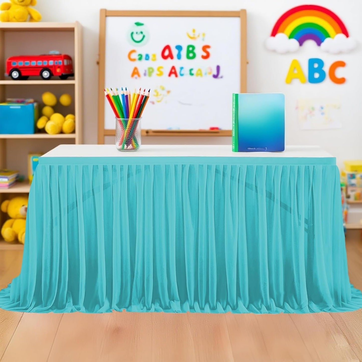 9FT Tulle Table Skirt for Teacher Desk Rectangular Ruffle Table Back to School Supplies for Kindergarten Preschool Middle School Classroom Decor, Blue 1