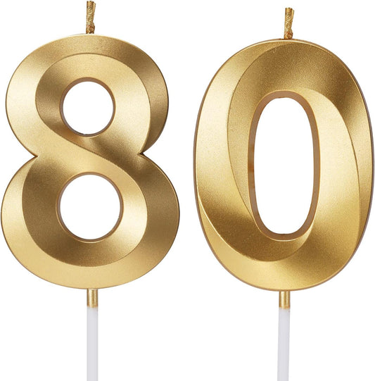 80th Birthday Candles Numbers for Cakes Candle Happy Eightieth Birthday 3D Designed Wedding Anniversary Party Cake Topper Decorations (80, Gold)