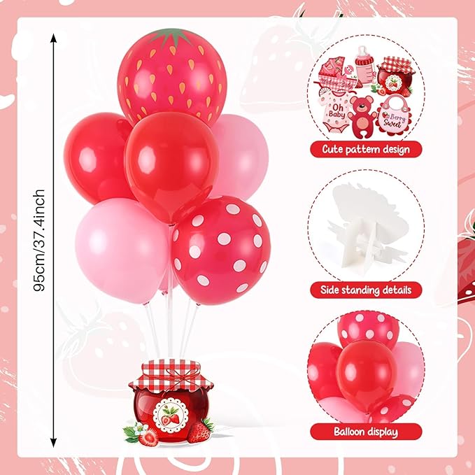 6 Sets Strawberry Balloon Stand Kit for Table Strawberry Baby Shower Centerpieces with Balloon Sweet Strawberry Party Balloon Decorations for Girls Strawberry Birthday Themed Supplies