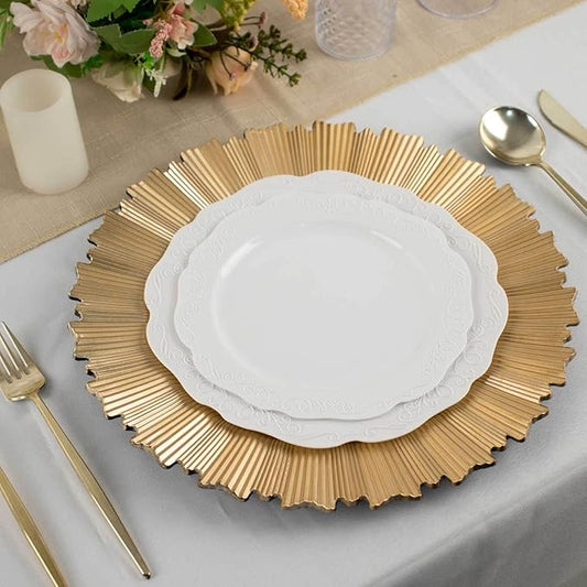 Efavormart 6 Pack | 13" Metallic Gold Sunray Acrylic Plastic Serving Plates, Round Scalloped Rim Disposable Charger Plates