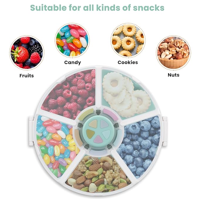 Snack Rotator Container Reusable Snack Box with 5 Compartment Dispenser and Lid, Color Matching Opening Lid, BPA and PVC Free, for Home, School, Travel (1 Pack- Green)