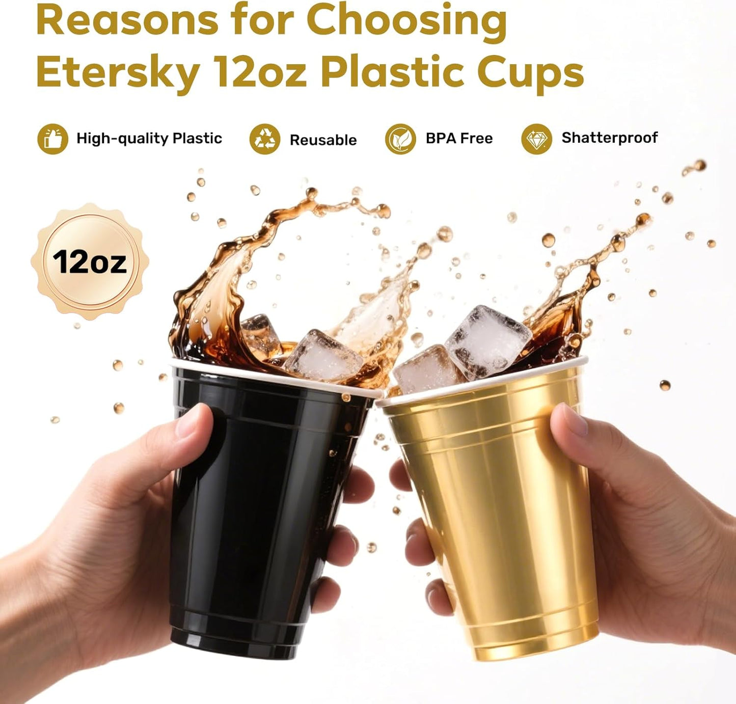 100PCS Black and Gold Plastic Cups, 12oz Disposable Party Cups Bulk Pack, BPA Free Drinkware for Soda Juice Beer Cold Drinks Suitable for Wedding Halloween Thanksgiving Christmas Birthday Celebrations