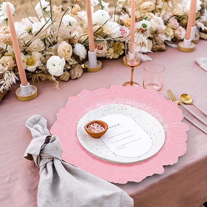Teruntrue 50 Pcs Pink Charger Plates Bulk 13 Inch Plastic Charger Plates for Dinner Plate, Pink Chargers for Table Setting, Reef Design Plate Floral Decorative Round Chargers for Wedding Party Event