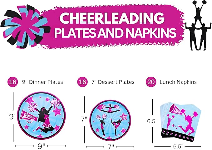 Cheerleading Party Plates and Napkin (52 Pieces for 16 Guests) - Cheerleader Birthday Party, Cheerleader Birthday Party, Plates and Napkins, Cheer Party Supplies