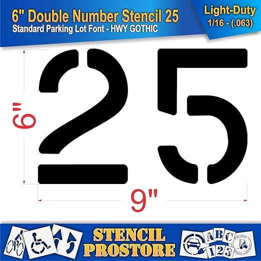 Pavement, Curb, and WheelStop Stencils - 6 inch Double Number Stencil - (25) - 6" x 9" x 1/16" (63 mil) - Light-Duty