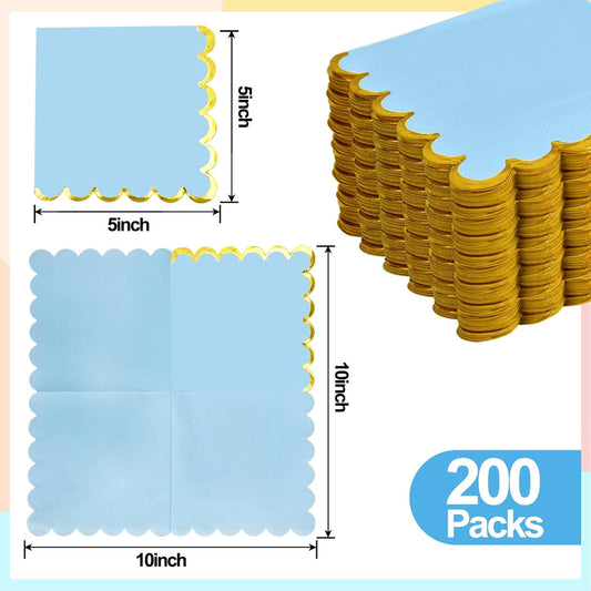 200 Pack Blue Paper Napkins Gold Foil Scalloped Cocktail Napkins Blue Disposable Beverage Napkins for Blue Themed Party Supplies Birthday Baby Shower Wedding Dinnerware Tableware Decorations