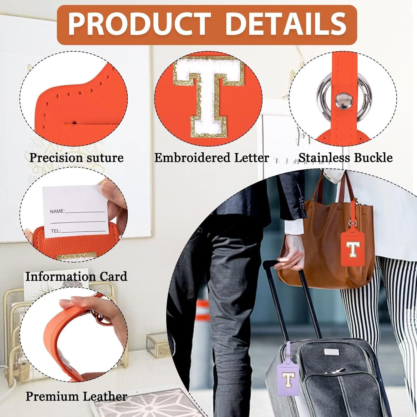 Personalized Initial Luggage Tags for Suitcases, Leather Chenille Letter Cute Luggage Tags with Privacy Name Card, Embroidered Travel Bag Backpack Tags Gifts for Women Kids Girls Teens(Orange-T