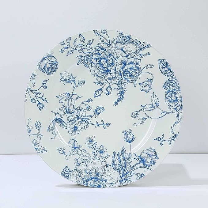 Efavormart 6 Pack White Blue Floral Acrylic Charger Plates in French Toile Pattern, Round Dinner Charger Event Tabletop Decor - 13"