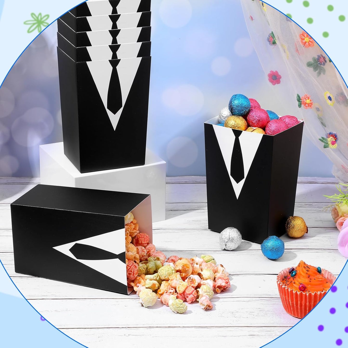 48 Pcs Tuxedo Popcorn Boxes, Black Tie Shirt Pattern Snack Bags Party Supplies, Disposable Popcorn Bags for Birthday Wedding Favors