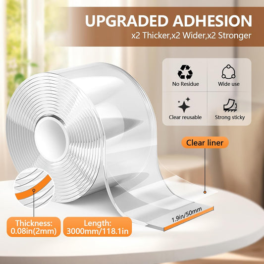Strong Double Sided Tape Heavy Duty Widely, No Residue Clear Double Sided Mounting Tape,Two Sided Adhensive Nano Tape for Walls,Carpet,Posters,Dorm Room Essentials Teacher Must Haves