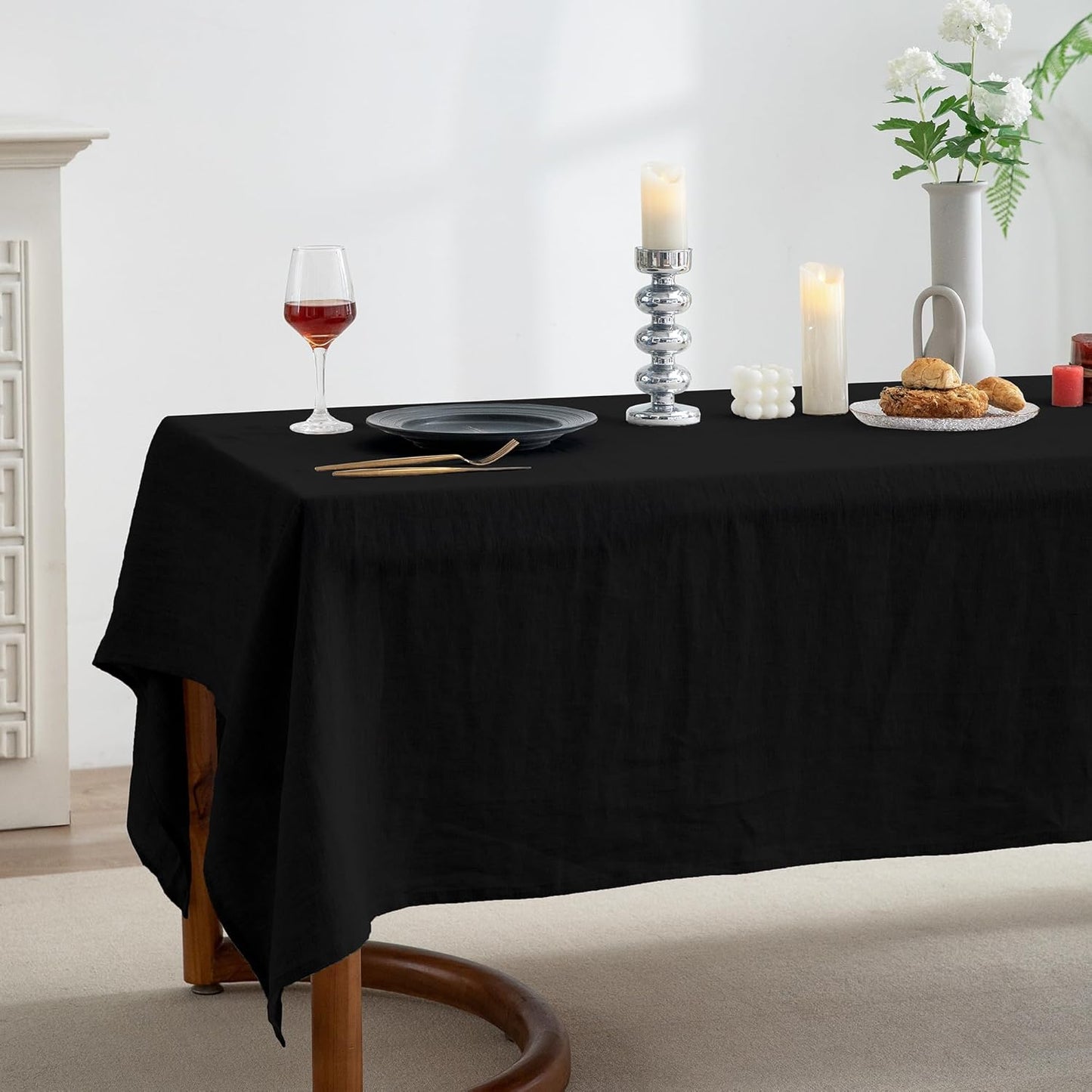 EVERLY 100% Pure Linen Rectangle Tablecloths 60x84Inches for Dining,Buffet Parties,Picnic,Events,Weddings and Restaurants,Decorative Halloween,Thanksgiving Machine Washable Tablecloths-Black
