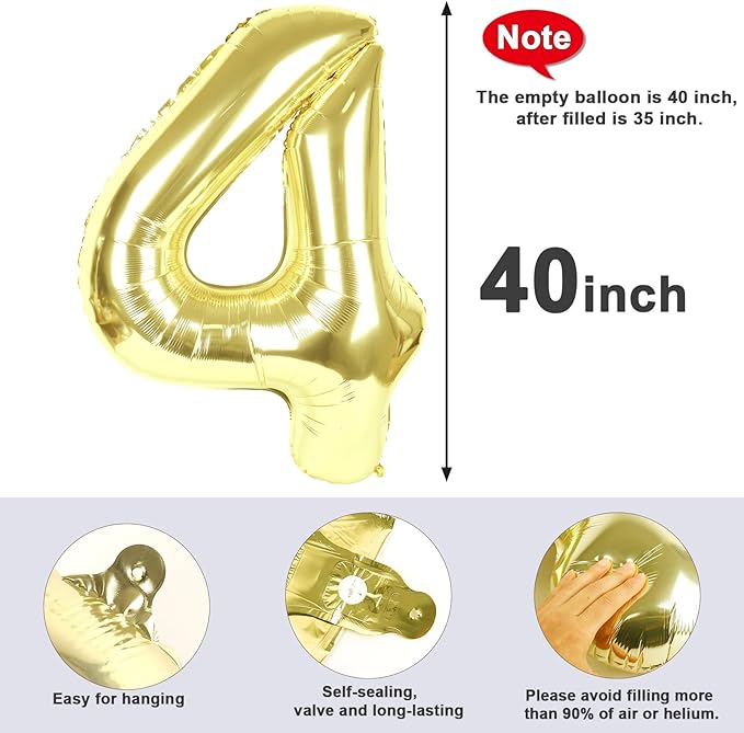 40 Inch Large Numbers Balloon, 4 Light Gold Ballon for 4th 14 40 44 Birthday Party, Balloon 4 Number for Graduations Wedding Supplies