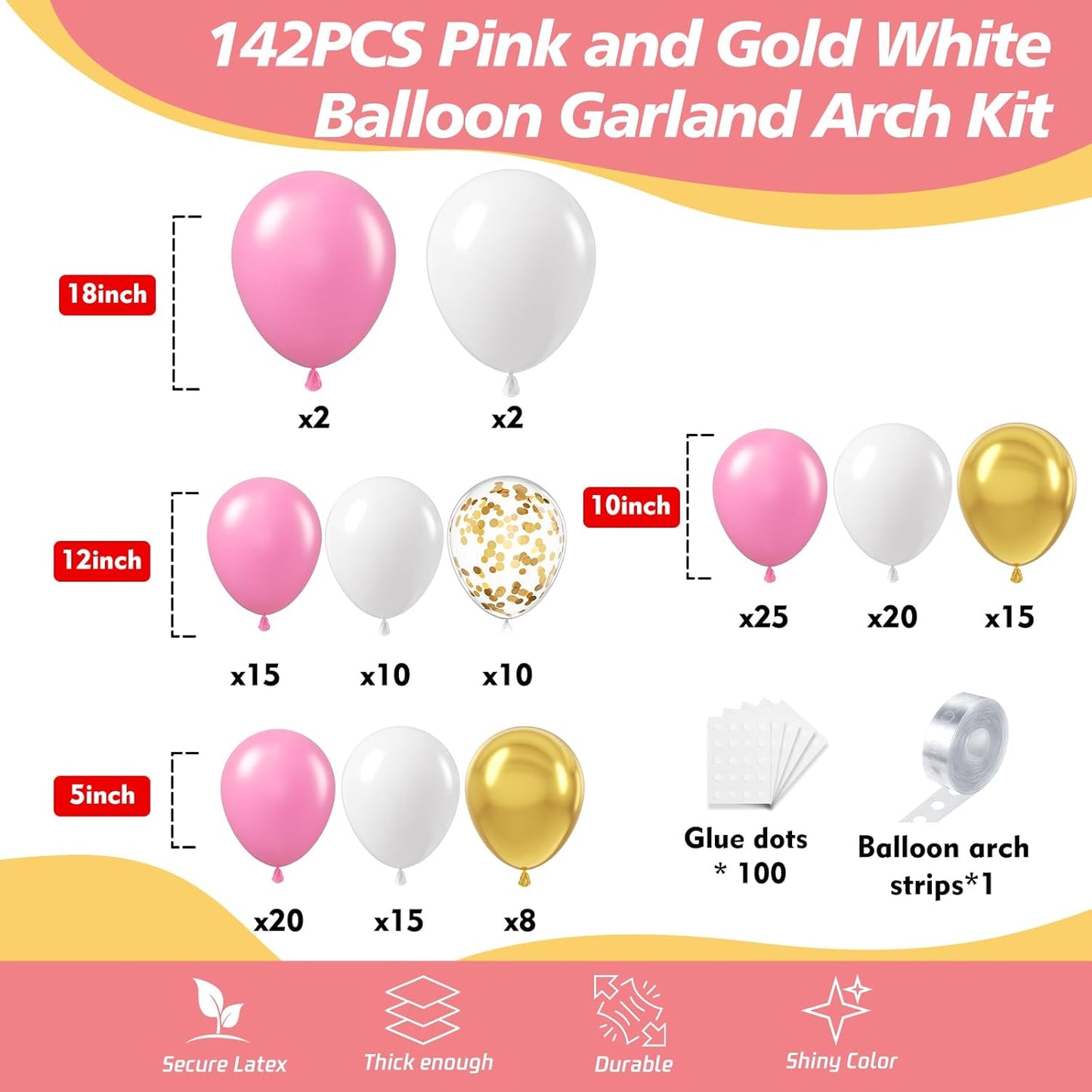 142Pcs Pink and White Balloon Garland Arch Kit - Pink and Gold White and Gold Confetti Balloons Different Size Balloons for Girls Birthday Baby Shower Wedding Bridal Shower Party Decorations