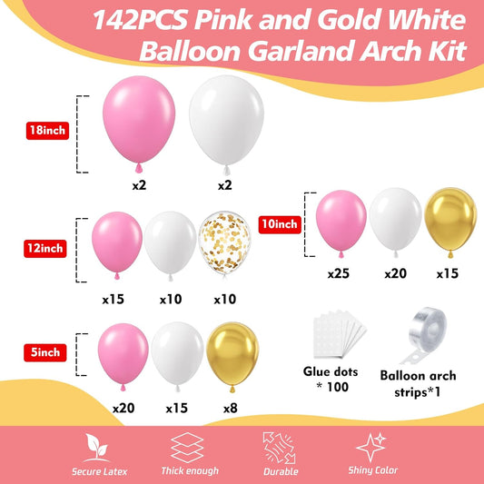 142Pcs Pink and White Balloon Garland Arch Kit - Pink and Gold White and Gold Confetti Balloons Different Size Balloons for Girls Birthday Baby Shower Wedding Bridal Shower Party Decorations