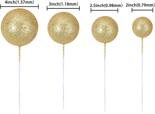 30Pcs Balls Cake Topper Glitter Foam Ball Cake Picks Mini Balloon DIY Cake Insert Topper Decoration for Baby Shower Wedding Anniversary Kids Birthday Graduation Party Cake Decorations Gold