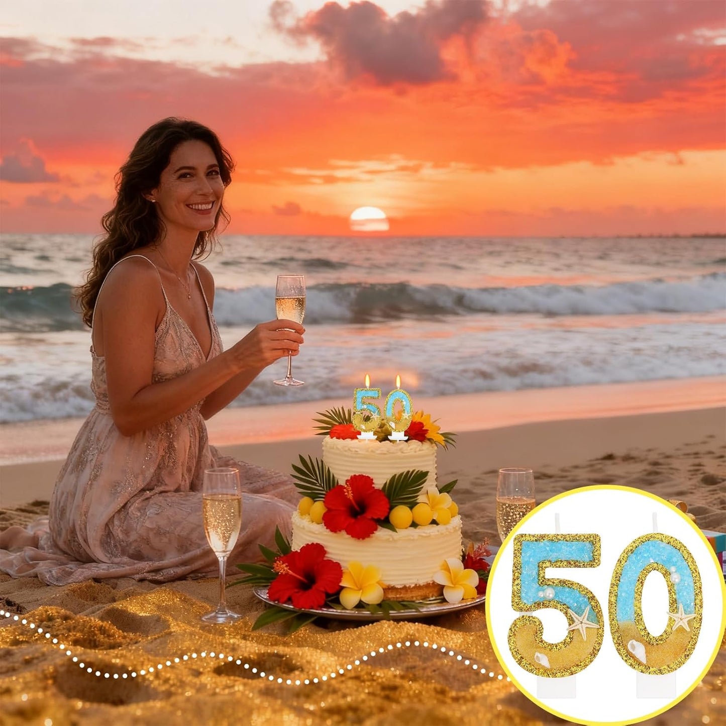 Ocean Number 50 Candle, Glitter Gold Beach Starfish Cake Topper, Tropical Ocean Princess Birthday Decorations for Party Supplies Wedding Anniversaries