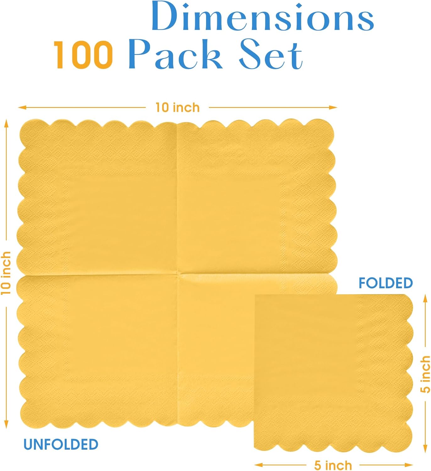 100 Pack Cocktail Napkins, 3-Ply Scalloped Edged Wedding Napkins Folded 5 x 5 Inches Dessert Napkins, Disposable Napkins for Dinner Birthday Party Bridal Anniversary Baby Shower Reception (Yellow)