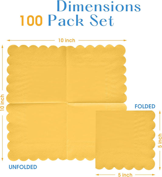 100 Pack Cocktail Napkins, 3-Ply Scalloped Edged Wedding Napkins Folded 5 x 5 Inches Dessert Napkins, Disposable Napkins for Dinner Birthday Party Bridal Anniversary Baby Shower Reception (Yellow)