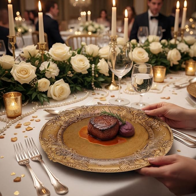 Mifoci Antique Gold Charger Plates Set of 6 Plastic Gold Chargers for Dinner Plates Decorative 13" Round Plate Bulk with Embossed Rim for Dinner, Party, Wedding