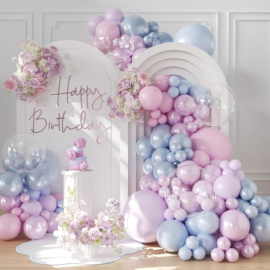 Pink Purple Blue Balloon Arch Kit 108Pcs Double Stuffed Pearl Blue Purple Iridescent Pastel Pink Blue Puple Clear Balloons for Girls Mermaid Birthday Party Baby Shower Bridal Shower Decorations