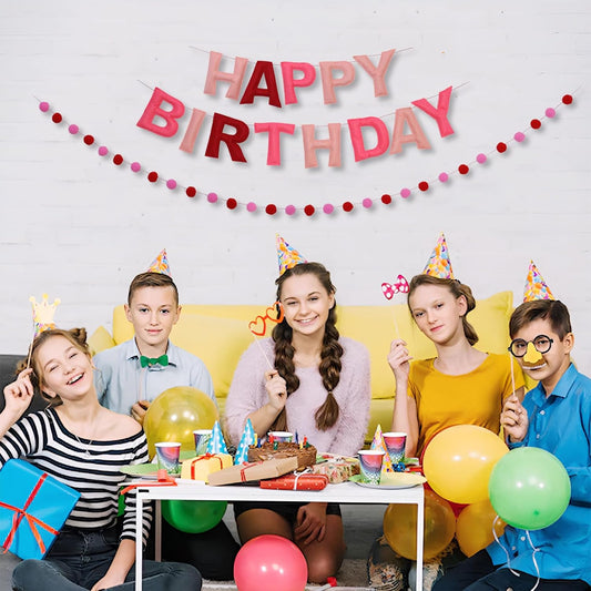 Red Happy Birthday Banner Felt Ball Garland Pre-Strung Happy Birthday Sign for Party Backdrop Decorations Photo Prop