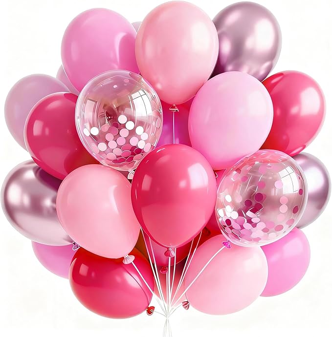 PartyWoo Pink Balloons 65pcs 12 Inch Pearl Metallic Mauve Magenta Fuchsia Hot Pink Confetti Latex Balloons for Gender Reveal Bridal Shower Baby Shower Princess Theme Birthday Party Decorations