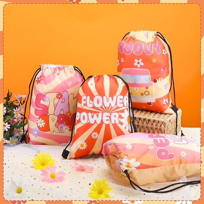 Abbylike 12 Pcs Groovy Party Favors Drawstring Bags Boho Party Favor Backpack Retro Hippie Daisy Flower Treat Groovy Goodie Bag for Girls 60's 70's Birthday Shower Wedding Gift Decorations Supplies