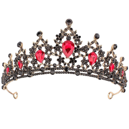 CAVETEE Black Crown for Women Halloween Party Favors Birthday Tiara Luxurious Red Rhinestones Crown Wedding Bridal Crown Birthday Party Princess Party Prom Black Tiaras and Crowns for Women Girls