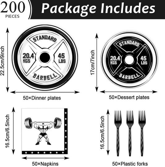 50 Guests Gym Birthday Party Supplies Decoration Bodybuilder Plates and Napkins Forks Weightlifting Tableware Barbell Birthday Party Paper Plates for Gym Lovers and Weight Lifters 200PCS