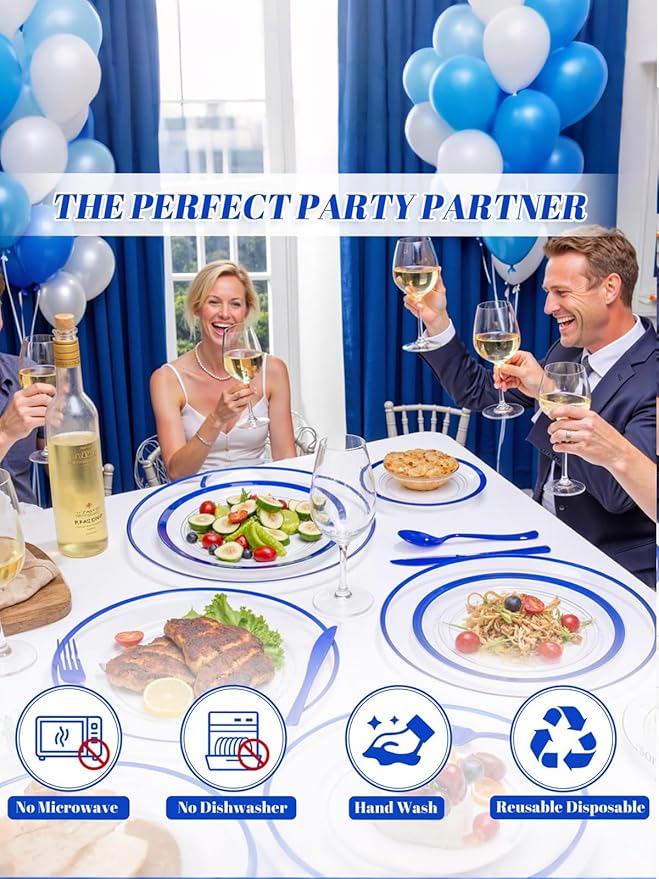 WDF 12 Inch Disposable Charger Plates - 25Pack Plastic Clear and Blue Charge Plates Perfect for Passover/Easter/Dinner/Wedding/Party/Elegant Tabletop Decor