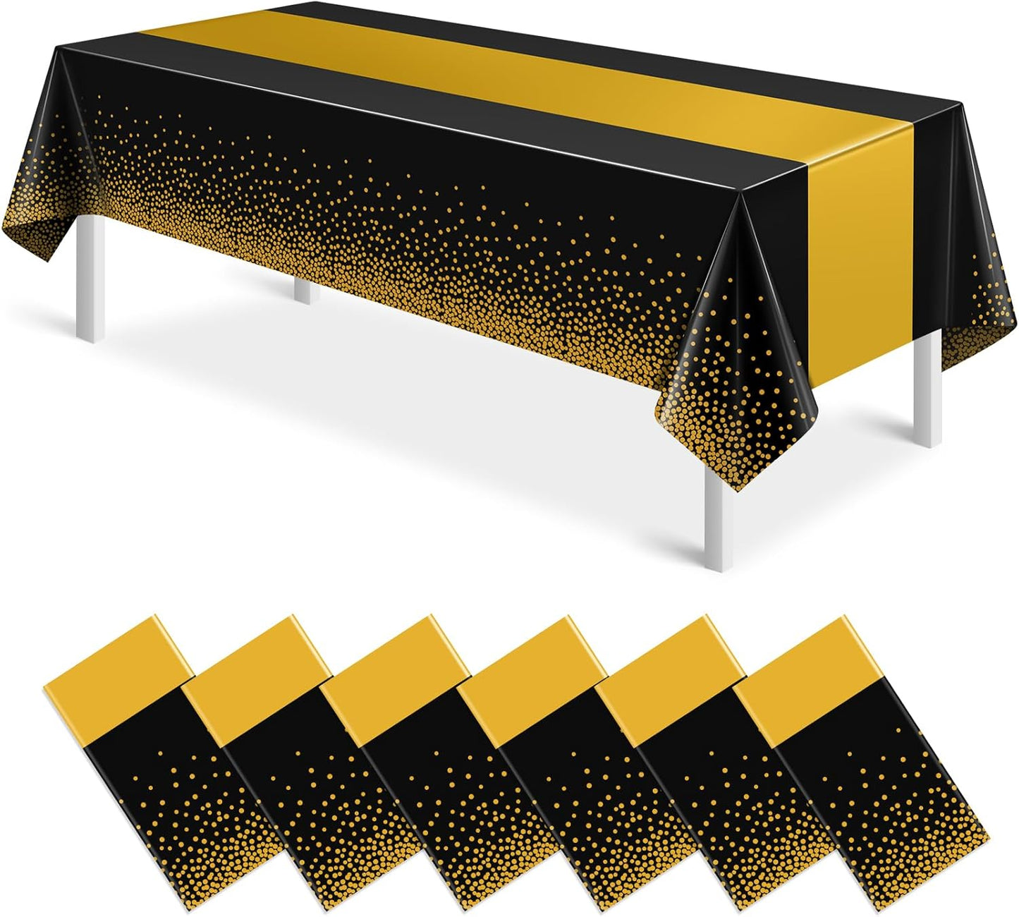 6Pcs Black and Gold Tablecloth Party Decorations,Plastic Black Table Cloth Printed Gold Table Runner Disposable Rectangle Table Cover for Birthday Retirement Anniversary Graduation Party,54 x108 Inch
