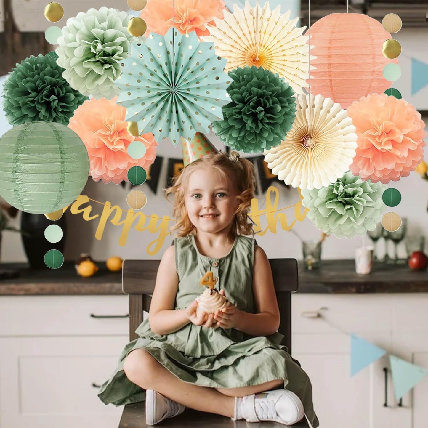 Sage Green and Peach Birthday Decorations - Olive Peach Tissue Paper Pom Poms, Hanging Paper Fans & Lantern, Gold Happy Birthday Banner for Olive Sage Green Peach Bday Baby Shower Decorations