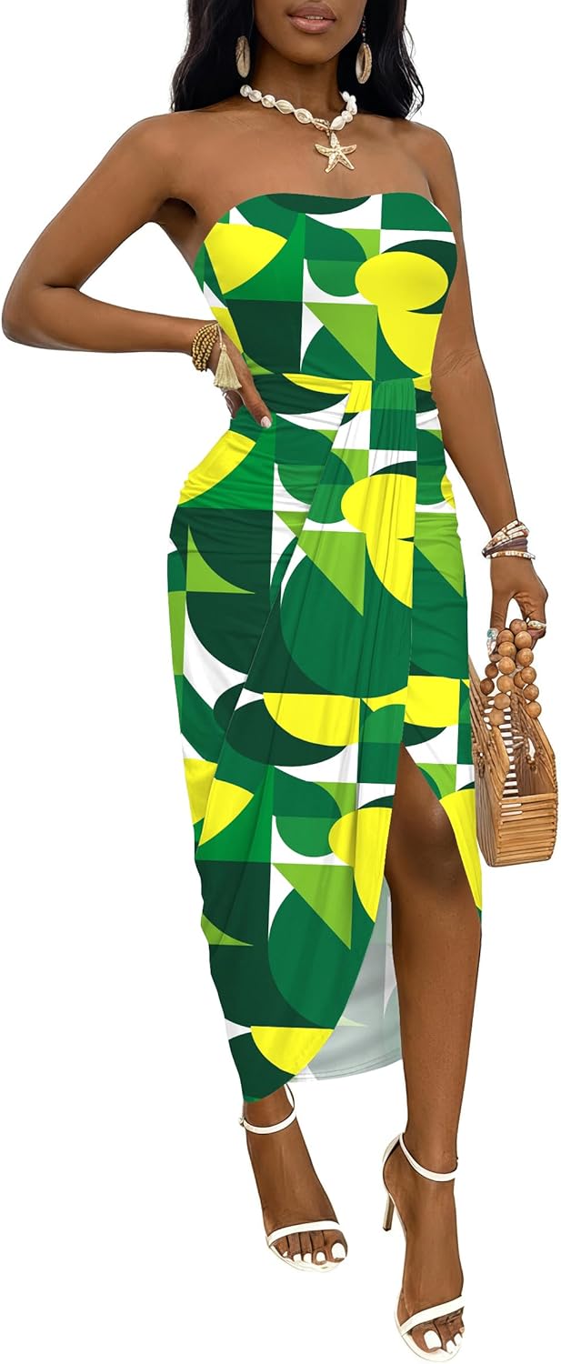 Umenlele Women's Strapless Ruched High Waist Wrap Split Asymmetrical Beach Maxi Long Dress
