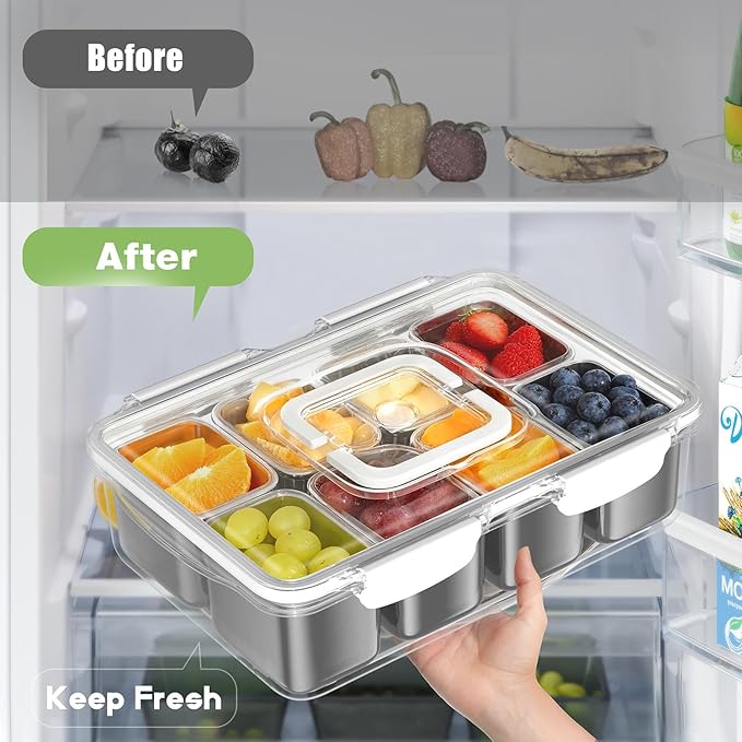 Snackle Box Container, 304 Stainless Steel Divided Serving Tray with Lid & Handle, Portable 8-Compartment Snack Organizer Box for Fruits, Veggies,Nuts & Candy,Dishwasher Safe for Travel,Picnic & Beach