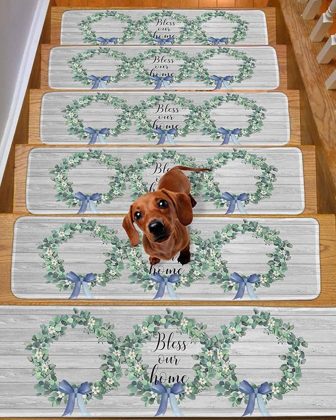 Spring Stair Treads Non Slip for Wooden Steps Eucalyptus Leaves Garland Bless Our Home Wood Grain Stair Runner Carpet Reusable Adhesive Staircase Rugs for Dogs, Elders and Pets, 8x30 Inch, 10PCS