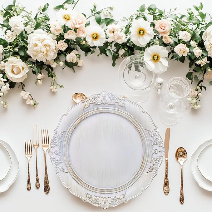 Antique White Charger Plates, 13 Inch Embossed Chargers for Dinner Plates. Plastic Charger for Wedding, Party. (Set of 6)