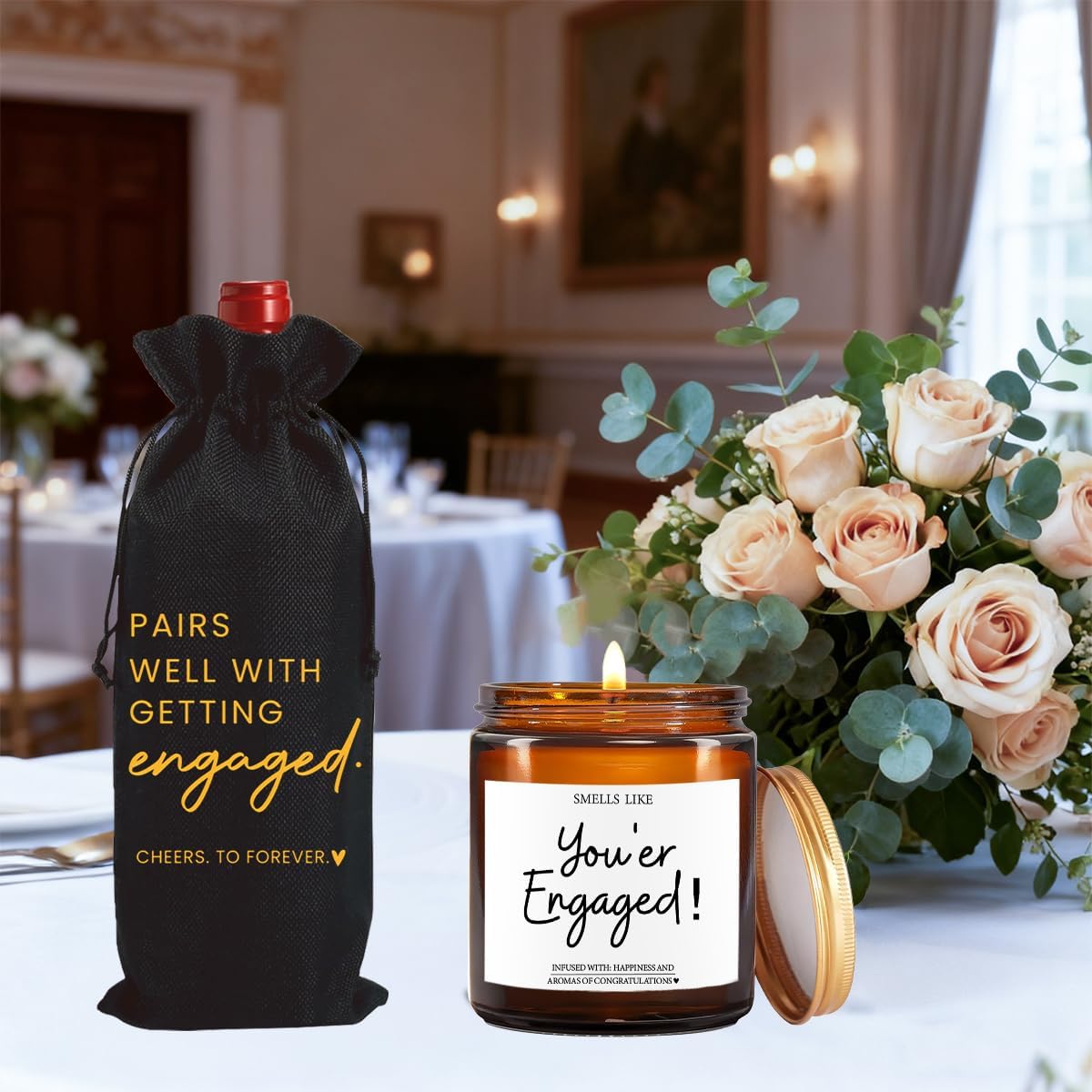 Engagement Gifts for Couples Her Engagement Party Decorations Gift for Couple Wine Bag Scented Candles Set Pairs Well with Getting Engaged Gifts To Forever Black Wine Bottle Bag