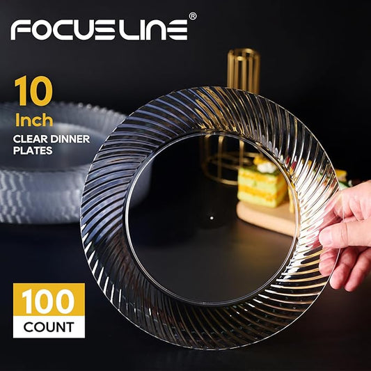 FOCUSLINE 10 Inch Clear Plastic Plates, 100 Count Disposable Heavy Duty Dinner Plates, Premium Hard Plastic for Weddings, Parties & Events