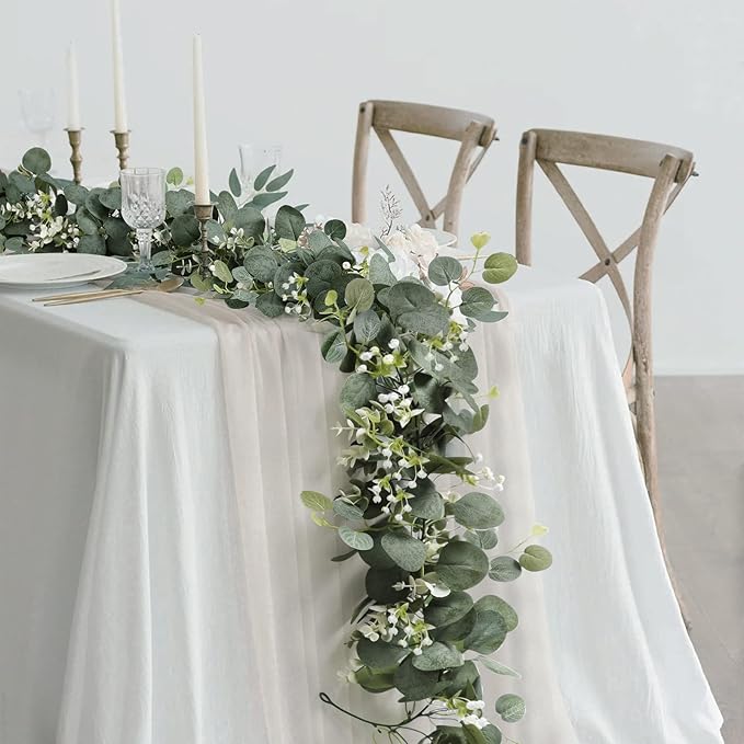 SOMYTING Artificial Eucalyptus Garland 2 Packs 5.9Ft Silver Dollar Eucalyptus Leaves Fake Vine with White Baby Breath Faux Greenery Garland Spring Garland for Mantle Table Wedding Party Decor (4PCS)
