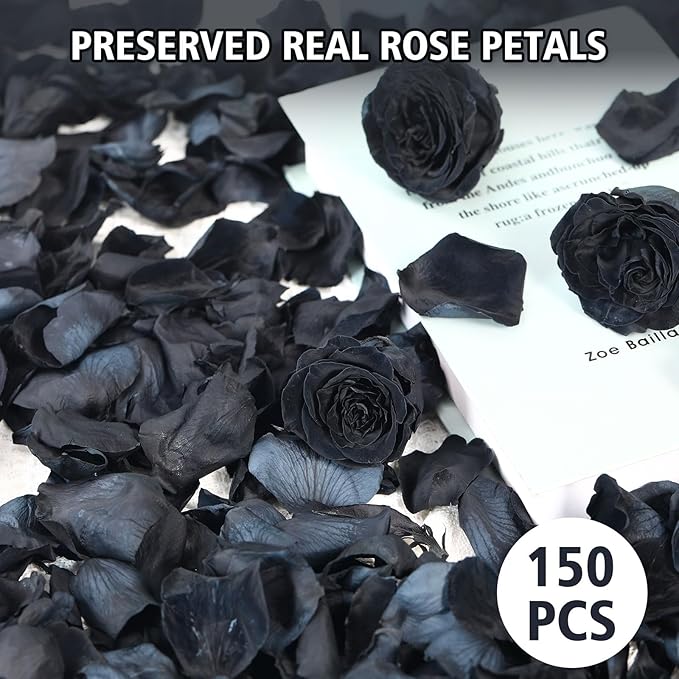 Dried Real Rose Petals, Natural Preserved Dry Flower Petals for Wedding Party Dinner Table Decor, Romantic Night for Her Set, Engagement, Bridal Shower, Valentine's Day, Confetti (1.6oz, Black)