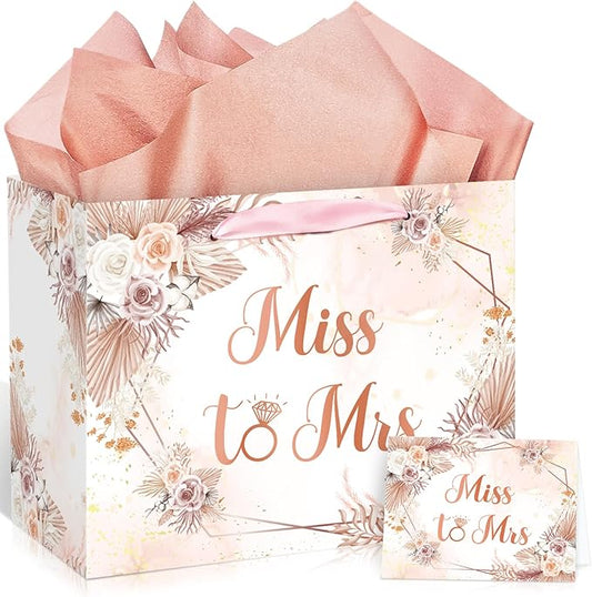 Yomaiha Bridal Shower Gift Bag Wedding Miss to Mrs Gifts Bag with Tissue and Card Bridal Shower Gift Wrapping Paper Bag Floral Boho Wedding Gift Bags Bride Engagement Bachelorette Party Bag