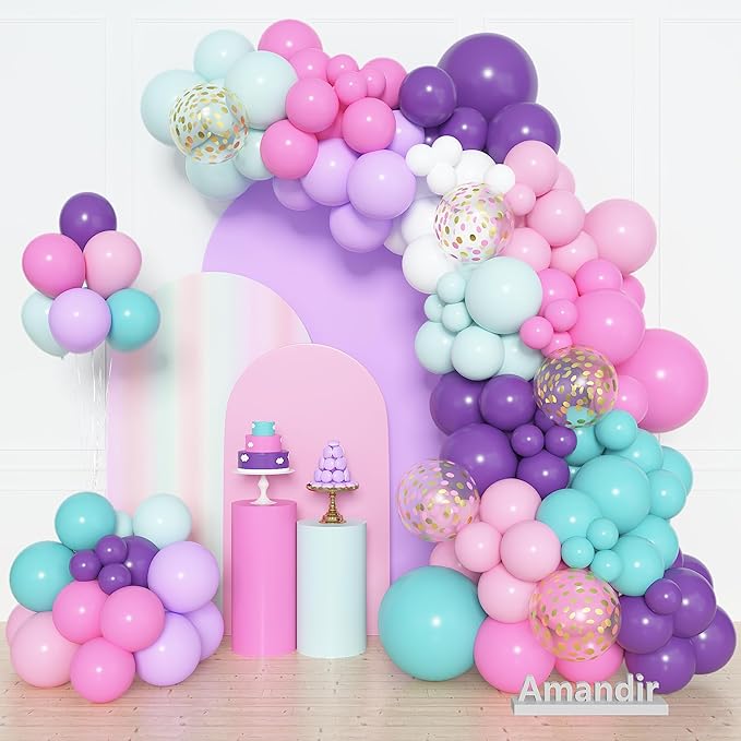 Amandir 153 Pcs Pink Purple Balloons Arch Garland Kit, Different Sizes 18 12 10 5 inch Purple Blue Pink Gold Confetti Pastel Unicorn Balloon for Wedding Shower Princess Birthday Party Decorations