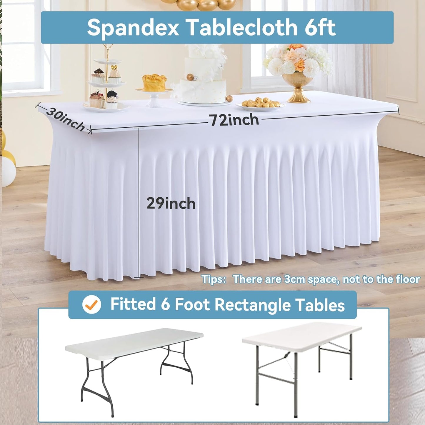 NSSONBEN 2 Pack White Spandex Tablecloth 6ft with Pleats Skirt, Wrinkle Free High Stretch Fitted Tablecloths for 6 Foot Rectangle Tables, Elastic Spandex Table Covers 6ft for Parties Weddings Banquet