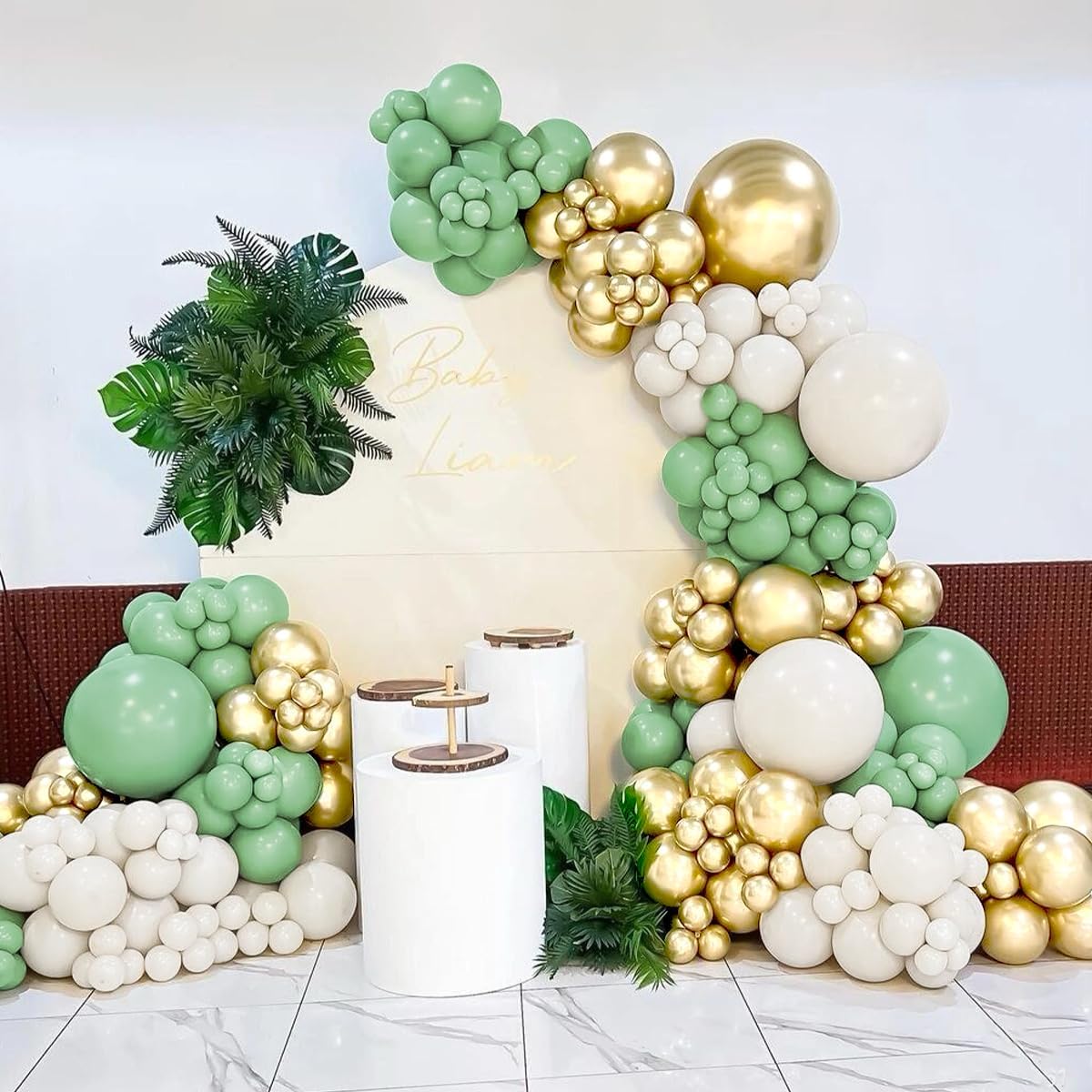 Green White Gold Balloon Garland Arch Kit, 160Pcs Latex Balloons Different Size Balloons 18 12 10 5 inch for Birthday Baby Shower Wedding Bridal Shower Party Decorations